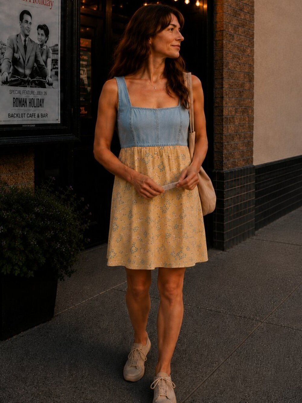 Vintage 90s Butter Yellow Daisy Floral Denim Bodice Babydoll Mini Dress Small